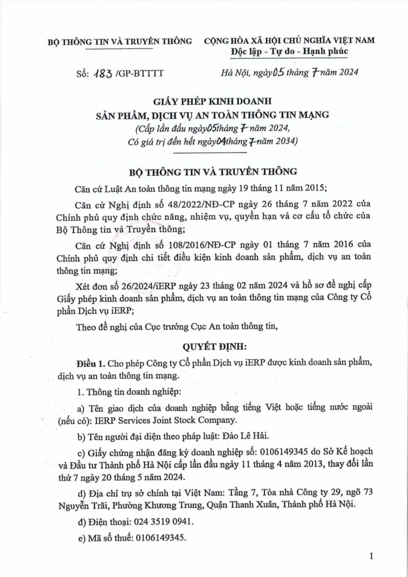iERP được cấp giấy phép kinh doanh dịch vụ An Toàn An Ninh Thông Tin