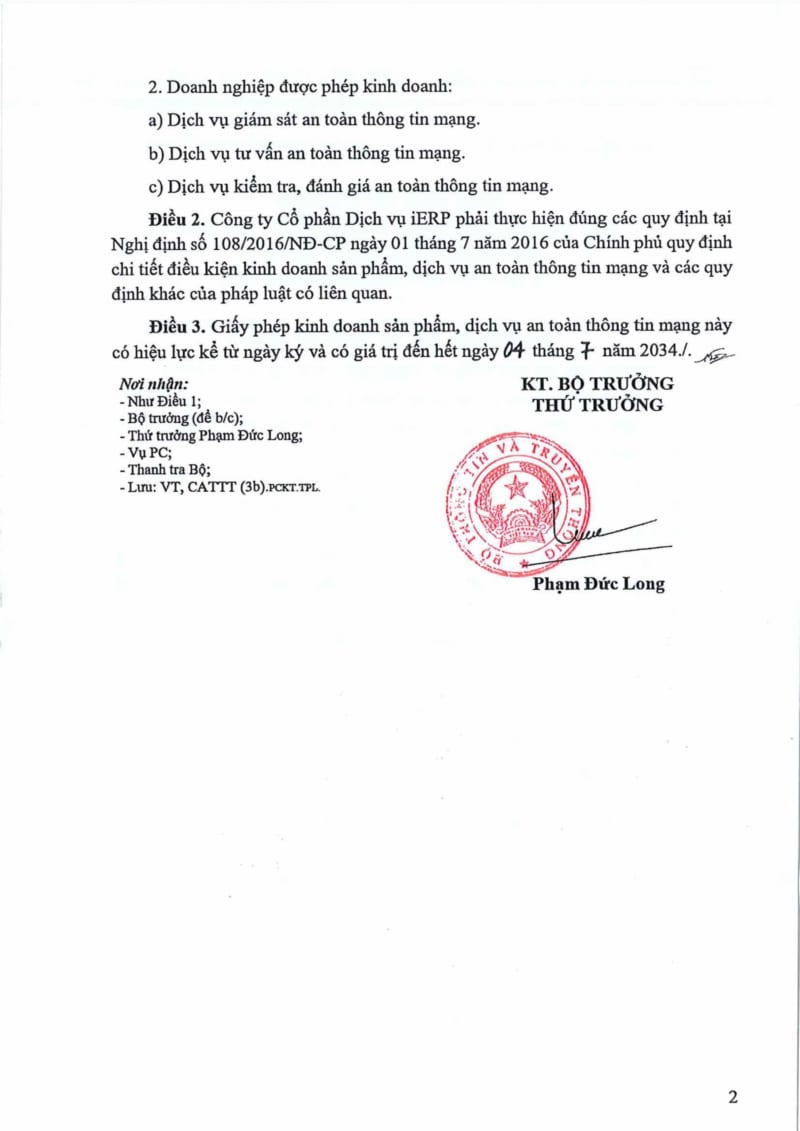 iERP được cấp giấy phép kinh doanh dịch vụ An Toàn An Ninh Thông Tin
